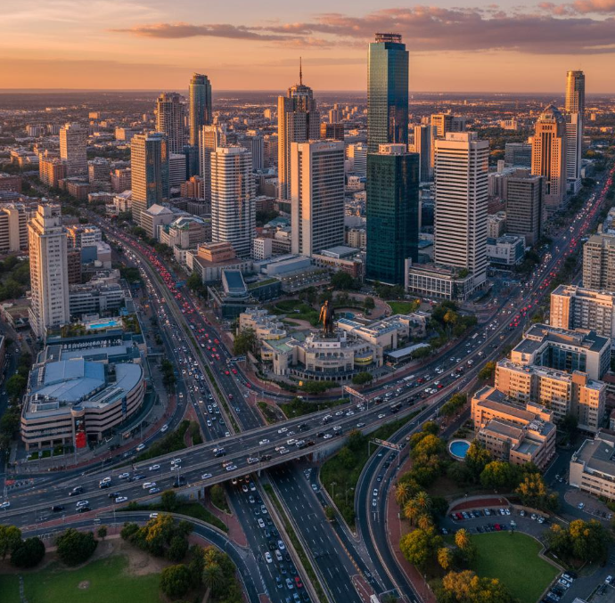 Johannesburg skyline and connecting roads at sunset